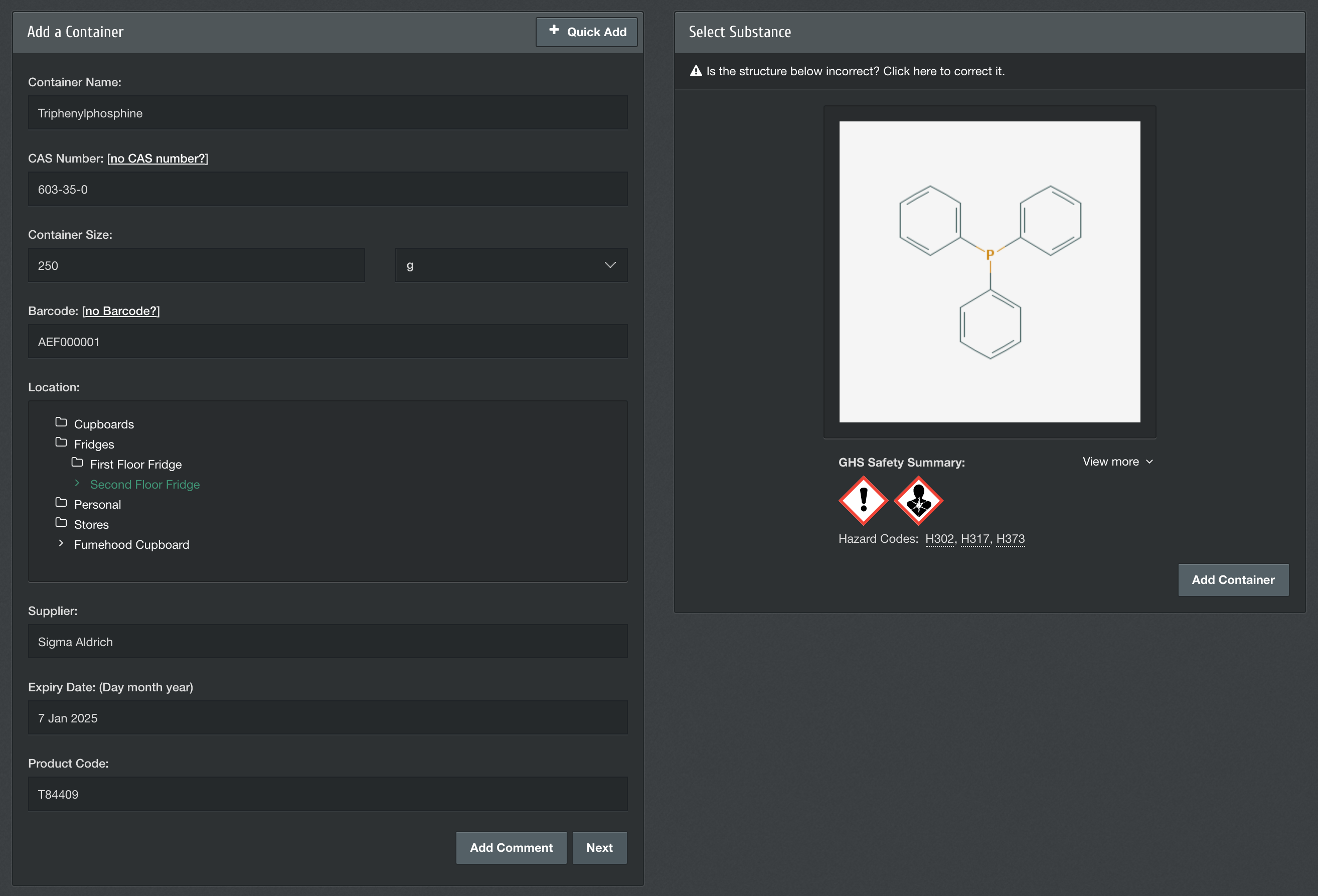 add container chemical inventory