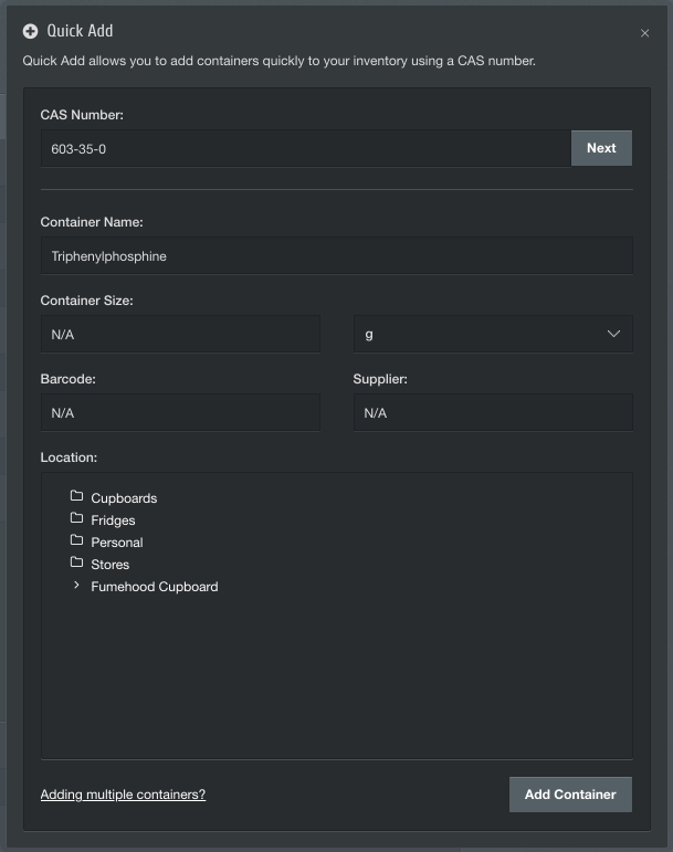 add container inventory database