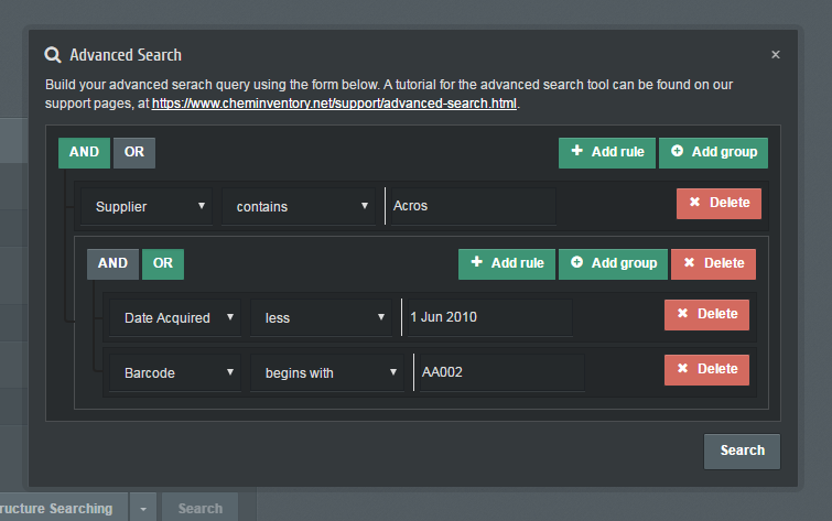 chemical inventory software query builder