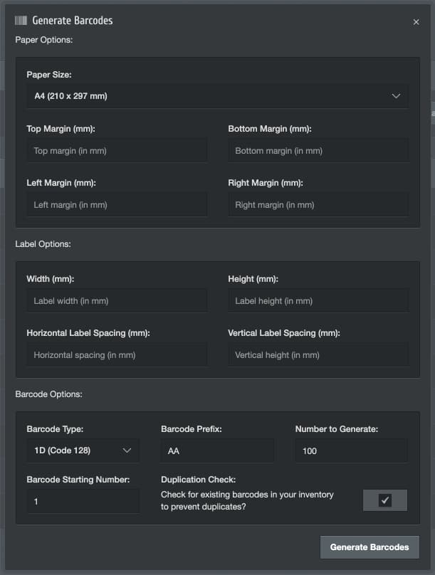 chemical inventory barcode generation