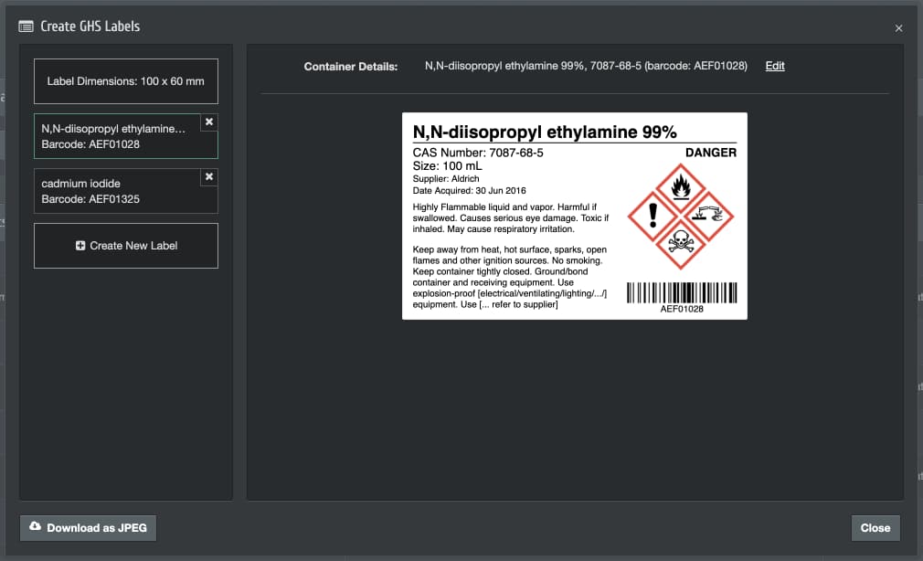 chemical GHS label inventory