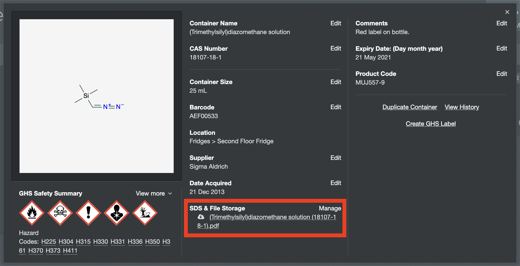 SDS and other linked files chemical inventory
