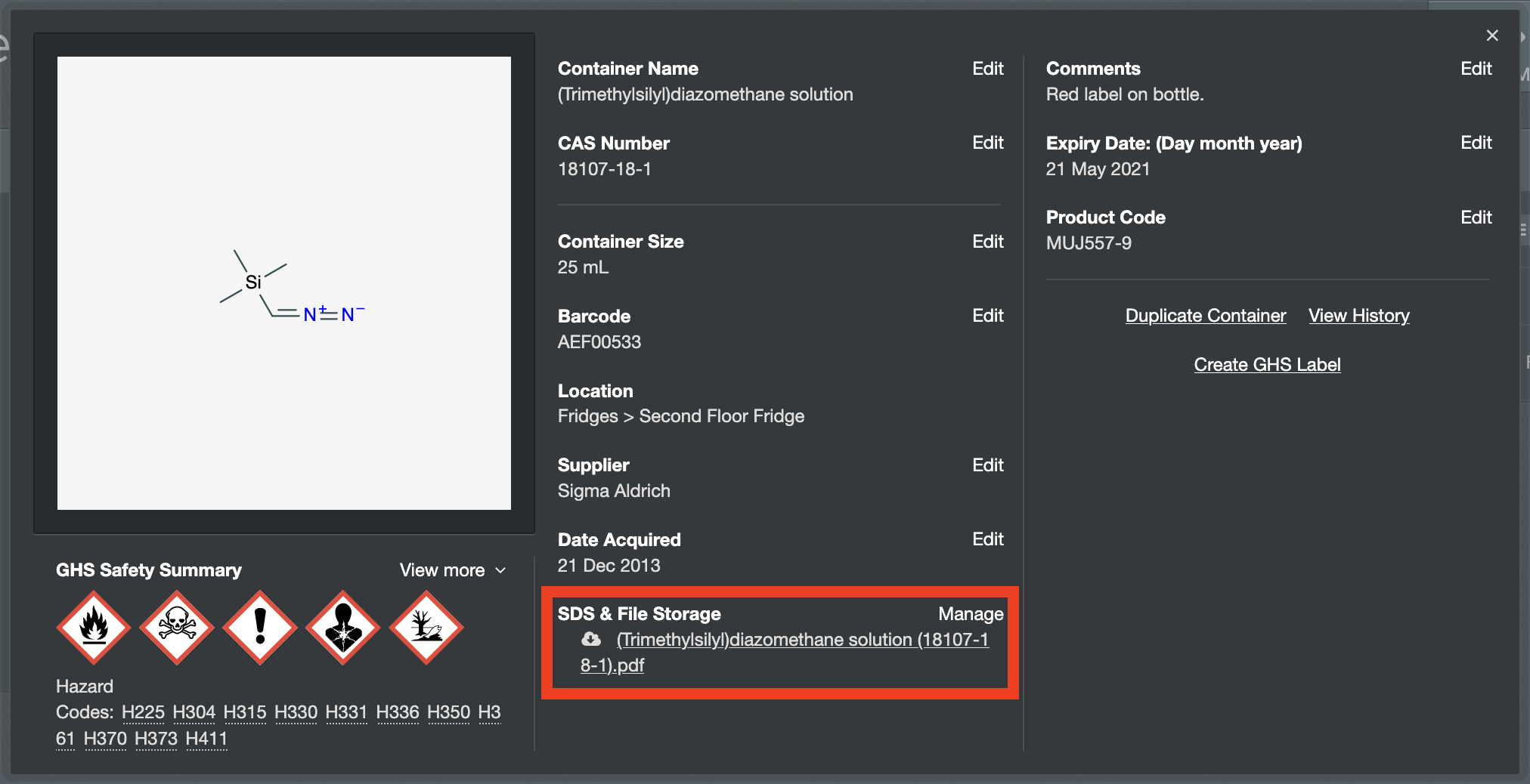 MSDS and other linked files chemical inventory